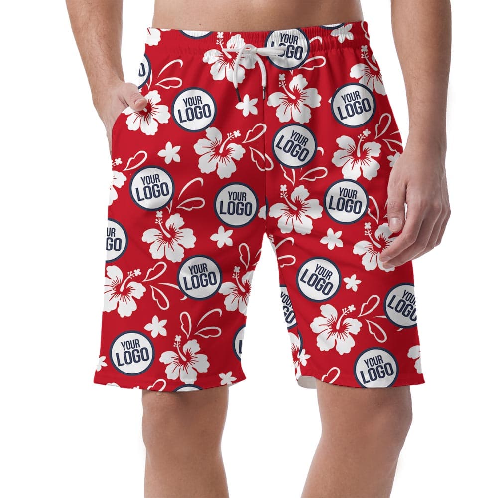 Men's summer shorts with hibiscus, red theme and your company logo