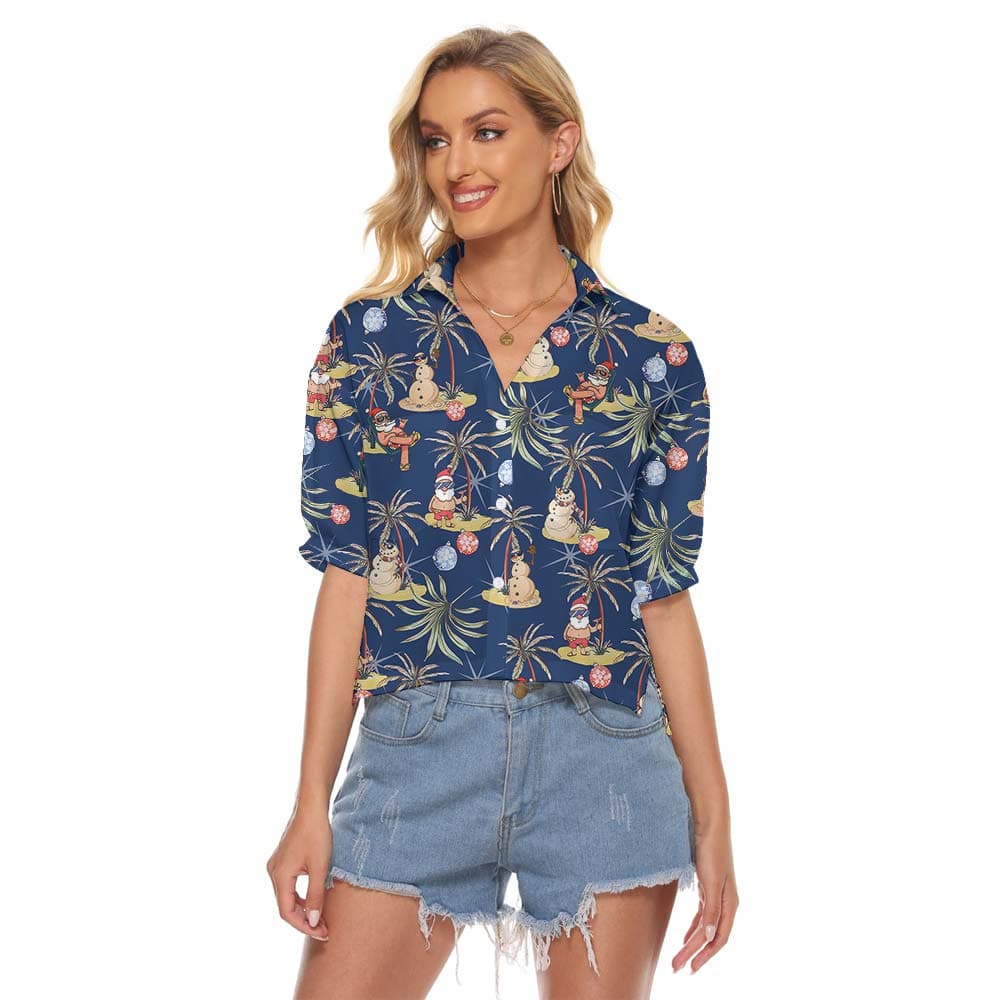 Navy Hawaiian Women's Cropped Shirt With Santa Pattern