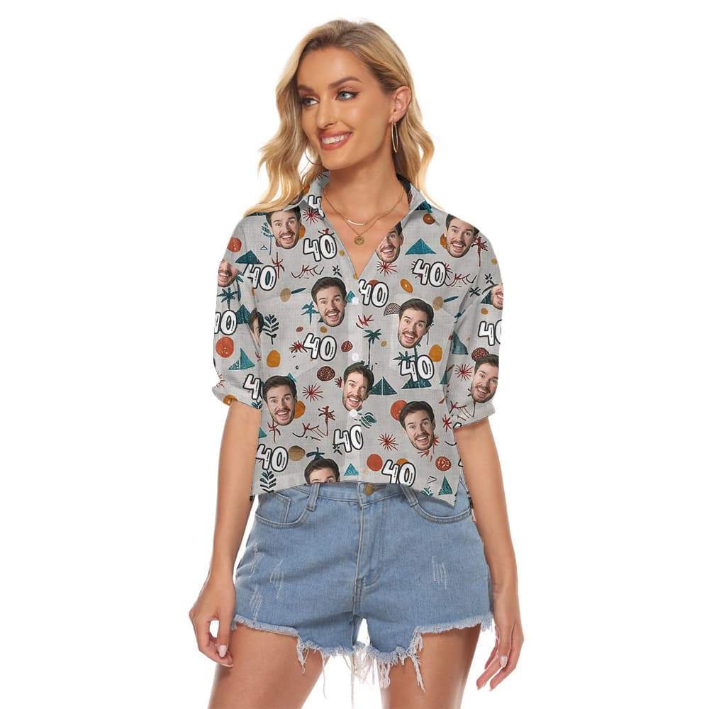 Simple Custom Face and Age Birthday Hawaiian Women Cropped Shirt1