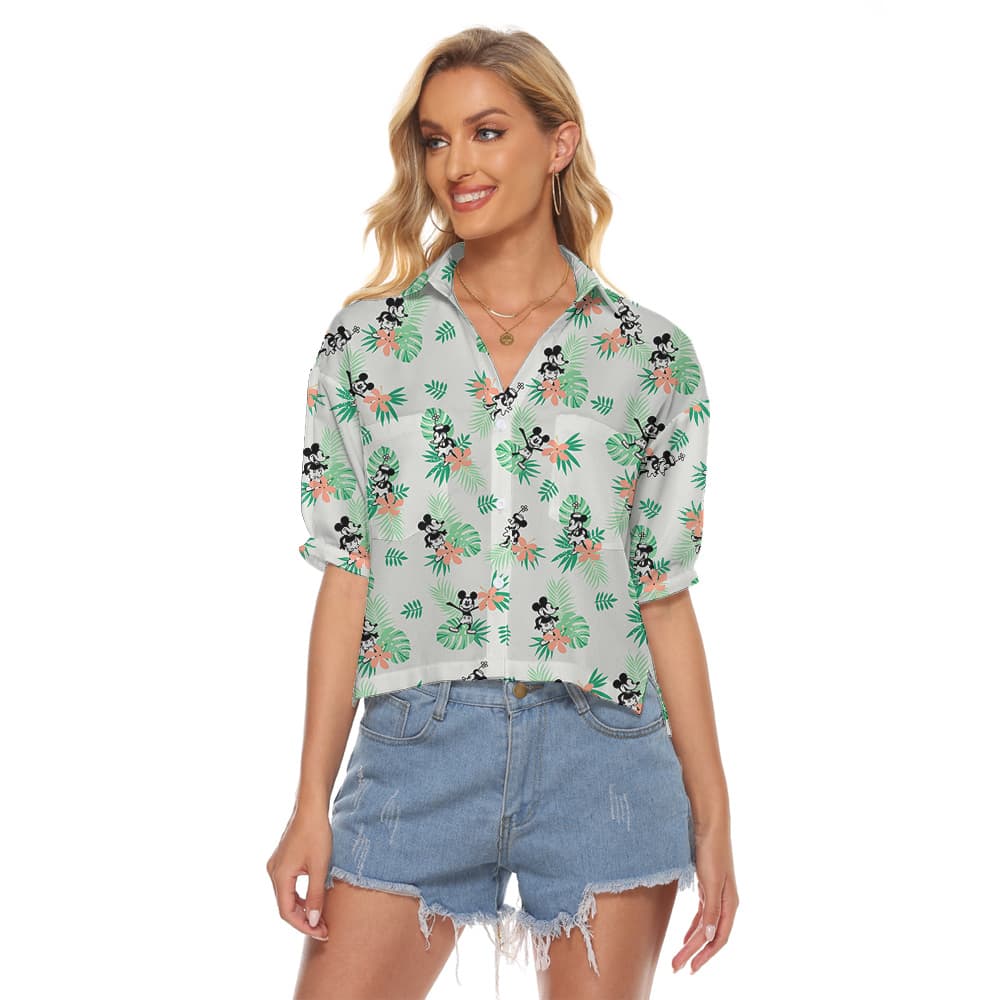 Simple Green Mickey Steamboat Willie 1928 Hawaiian Women Cropped Shirt1