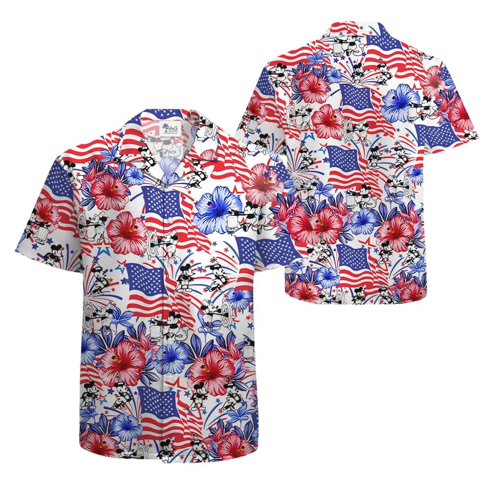 Steamboat Willie Mickey American Flag 4th Of July Hawaiian Shirt