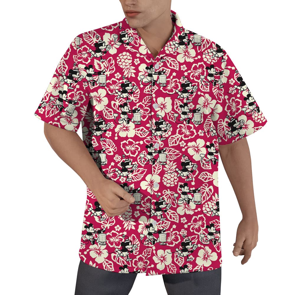 Steamboat Willie Mickey Hibiscus Red Hawaiian Shirt (1)
