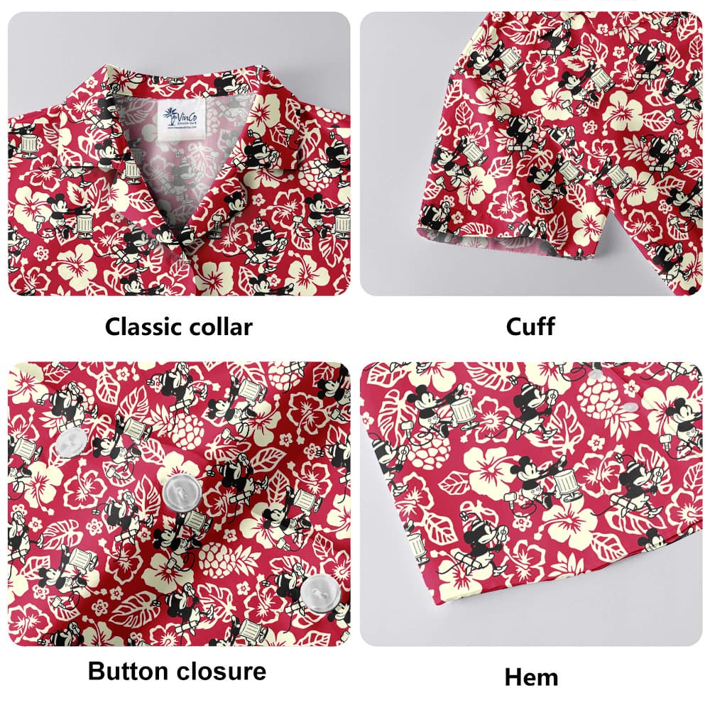 Steamboat Willie Mickey Hibiscus Red Hawaiian Shirt