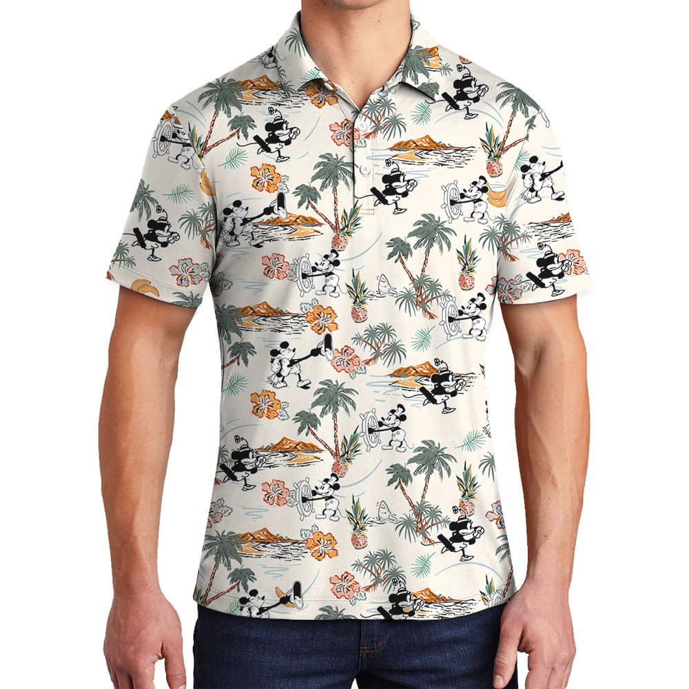 Steamboat Willie Mickey Minnie Tropical Islands Hawaiian Polo Shirt