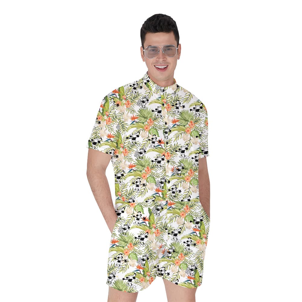 Steamboat Willie Mickey Mouse Tropical Hibiscus Hawaiian Romper For Men