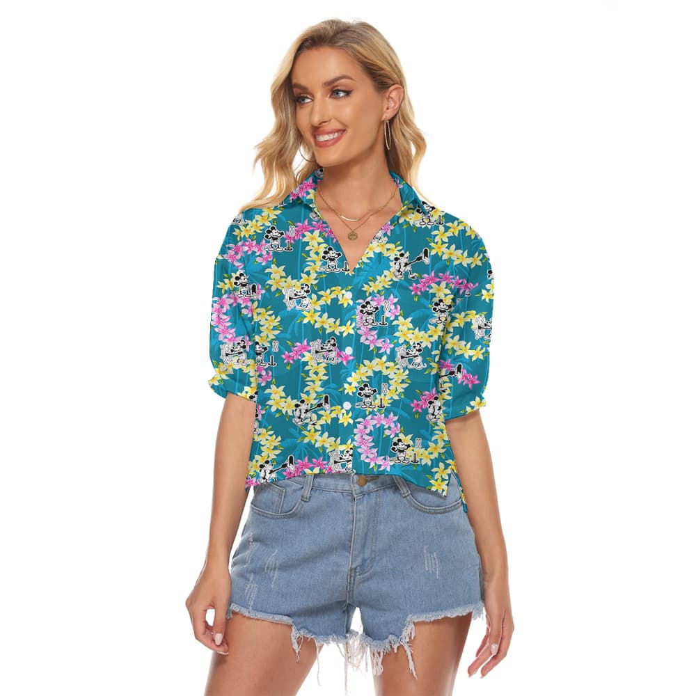 Steamboat Willie Mickey Mouse Vintage Floral Blue Hawaiian Cropped Shirt