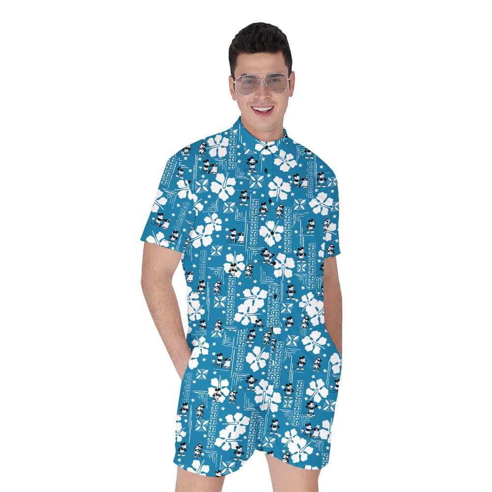 Steamboat Willie Mickey Mouse Vintage Hibiscus Blue Hawaiian Romper For Men