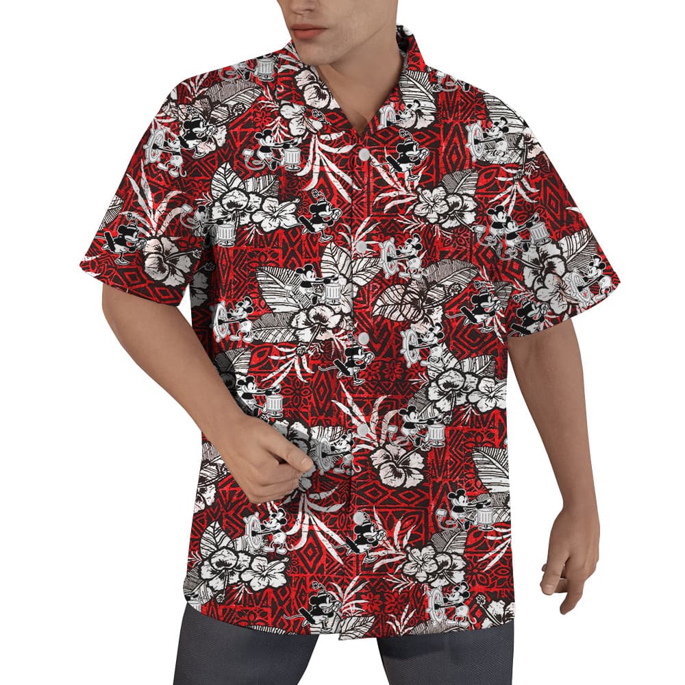 Steamboat Willie Mickey Mouse Vintage Hibiscus Hawaiian Button Up Shirt (1)