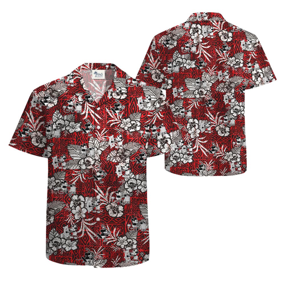 Steamboat Willie Mickey Mouse Vintage Hibiscus Hawaiian Button Up Shirt