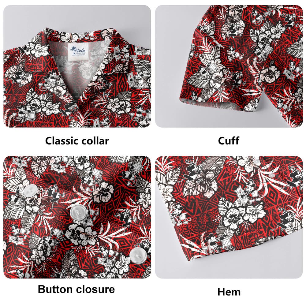Steamboat Willie Mickey Mouse Vintage Hibiscus Hawaiian Button Up Shirt