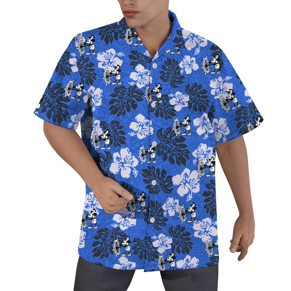 Steamboat Willie Mickey Mouse Vintage Hibiscus Navy Hawaiian Shirt (1)