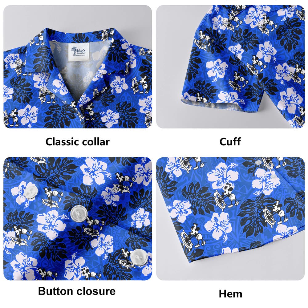 Steamboat Willie Mickey Mouse Vintage Hibiscus Navy Hawaiian Shirt