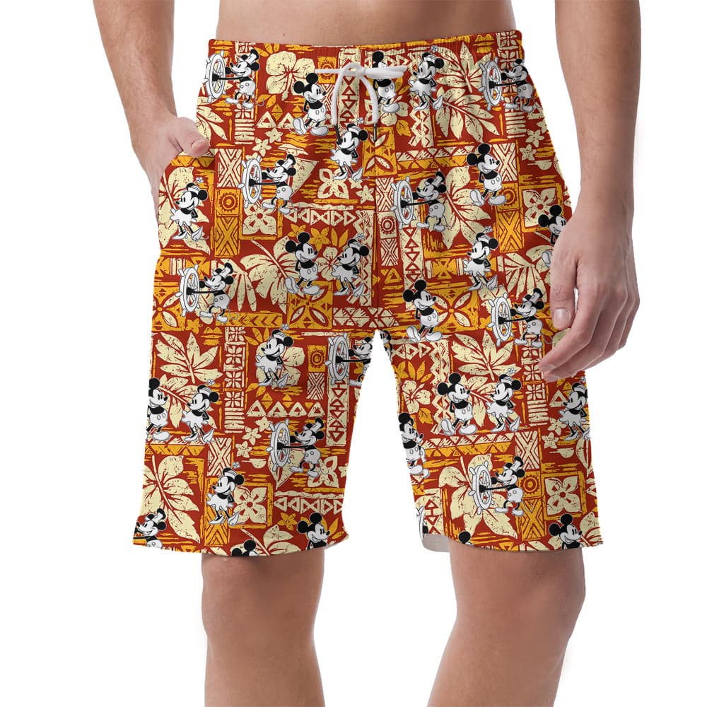 Steamboat Willie Mickey Tapa Hibiscus Orange Hawaiian Beach Shorts For Men