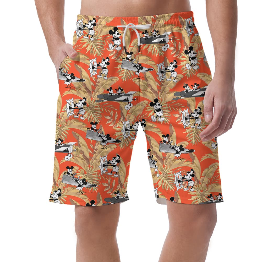 Steamboat Willie Mickey Tropical Leaves Orange Hawaiian Beach Shorts For Men