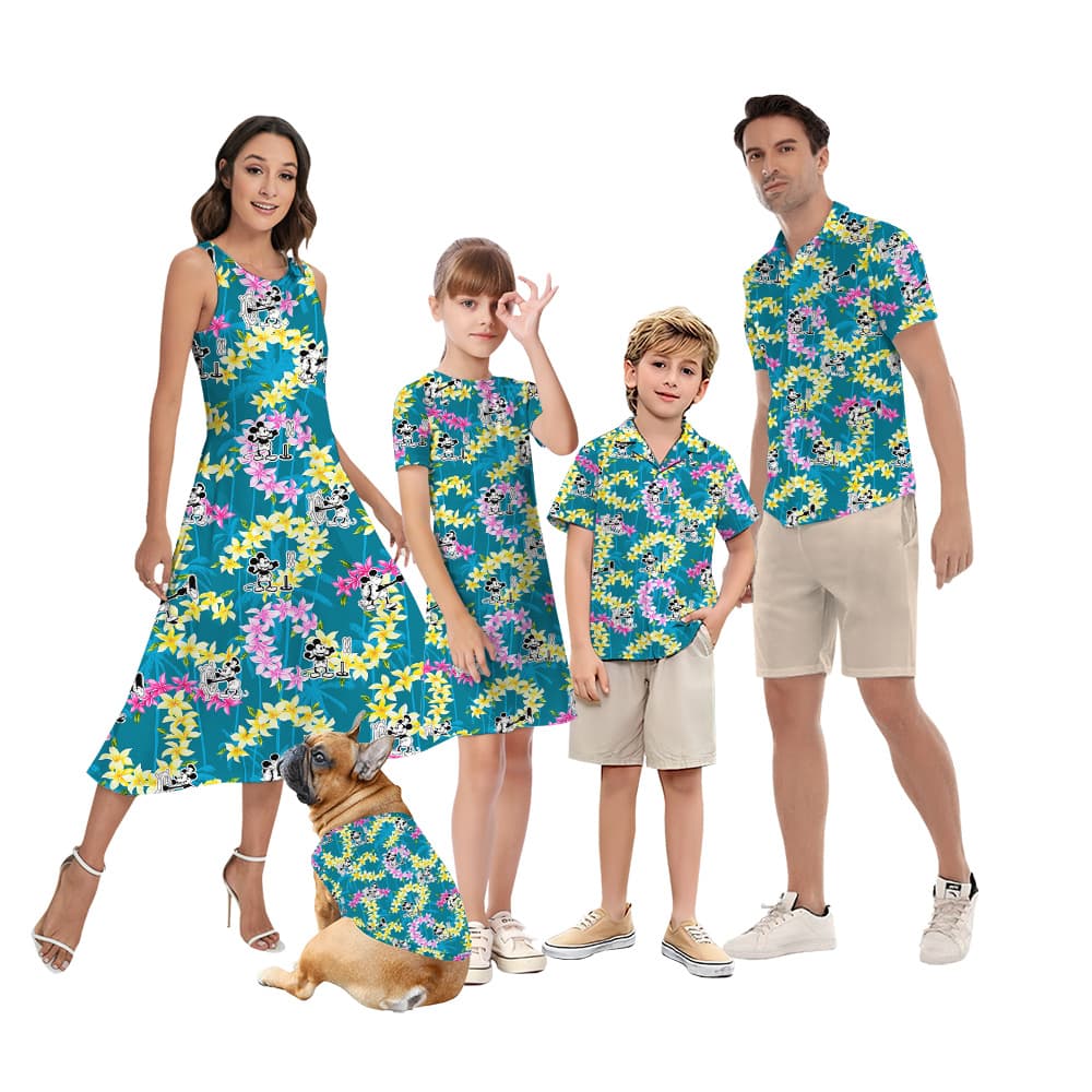 Steamboat Willie Mickey Vintage Floral Blue Matching Hawaiian Shirts And Dresses For Family