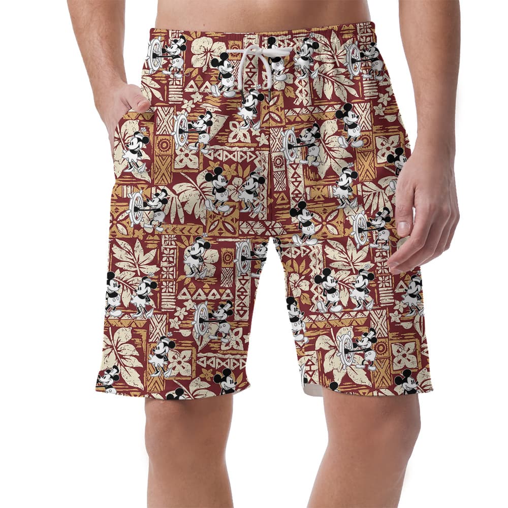 Steamboat Willie Mickey Vintage Hibiscus Hawaiian Beach Shorts For Men