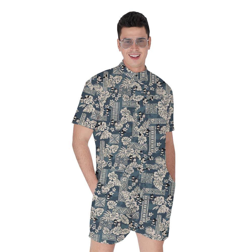 Steamboat Willie Mickey Vintage Hibiscus Navy Hawaiian Romper