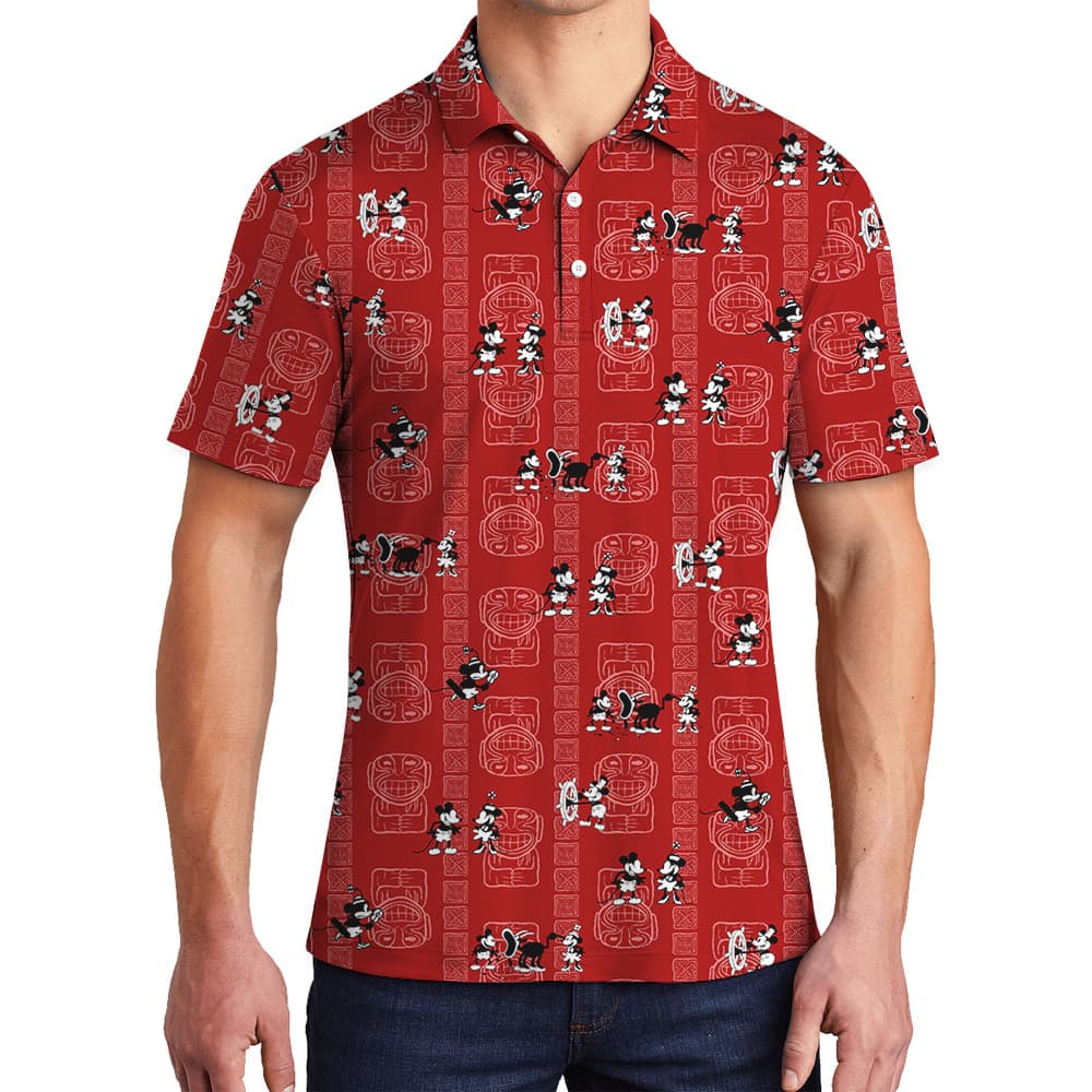 Steamboat Willie Mickey Vintage Red Hawaiian Polo Shirt
