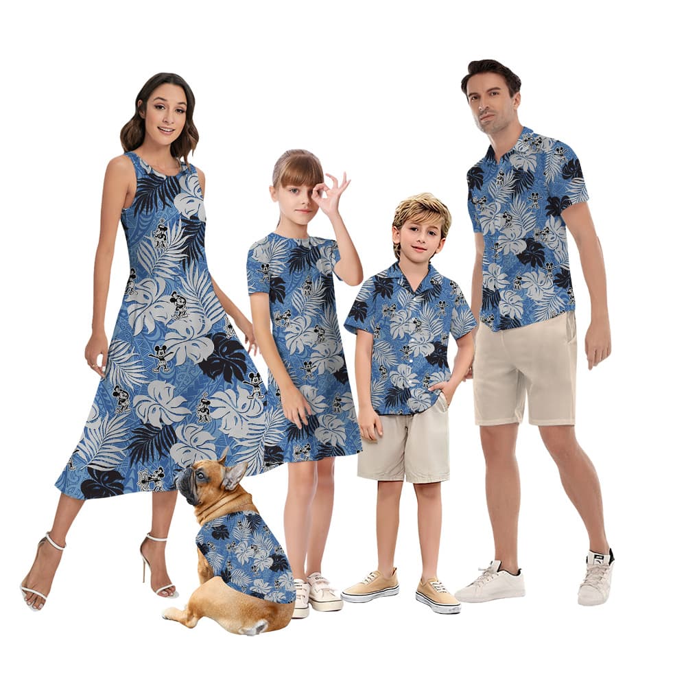 Steamboat Willie Mickey Vintage Tropical Leaves Blue Matching Hawaiian Outfits For Family (1)