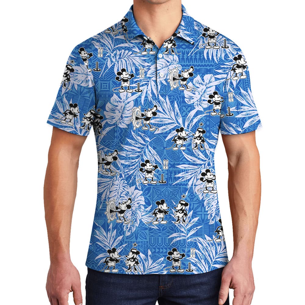 Steamboat Willie Movie Mickey Vintage Tropical Blue Hawaiian Polo Shirt