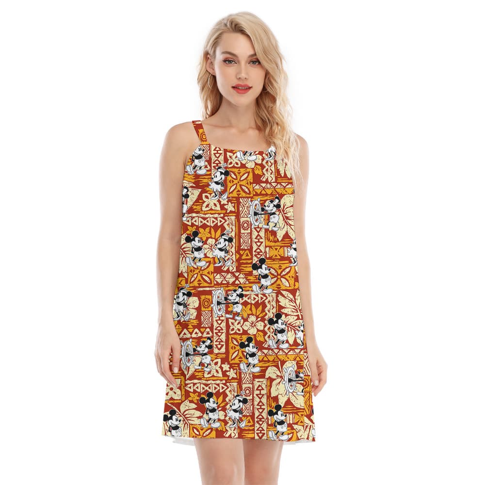 Tapa Hibiscus Steamboat Willie Mickey Orange Aloha Dress