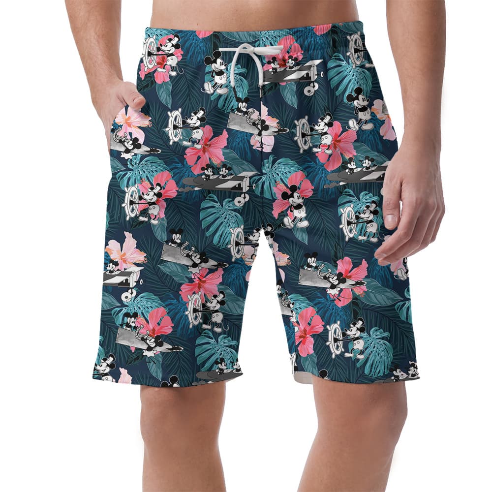 Tropical Hibiscus Mickey Steamboat Willie Floral Hawaiian Beach Shorts For Men