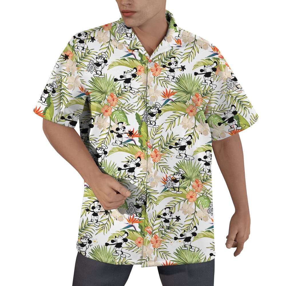 Tropical Hibiscus Steamboat Willie Mickey Hawaiian Button Up Shirt (1)