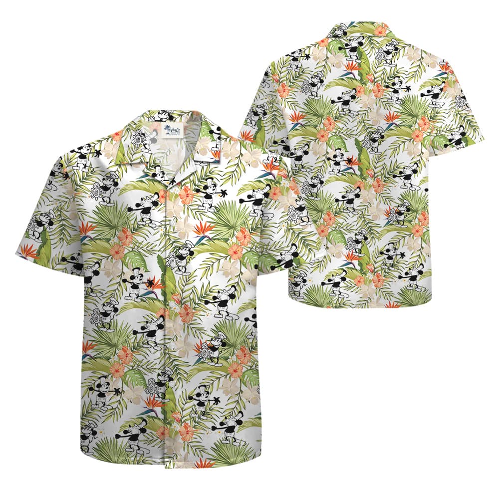 Tropical Hibiscus Steamboat Willie Mickey Hawaiian Button Up Shirt