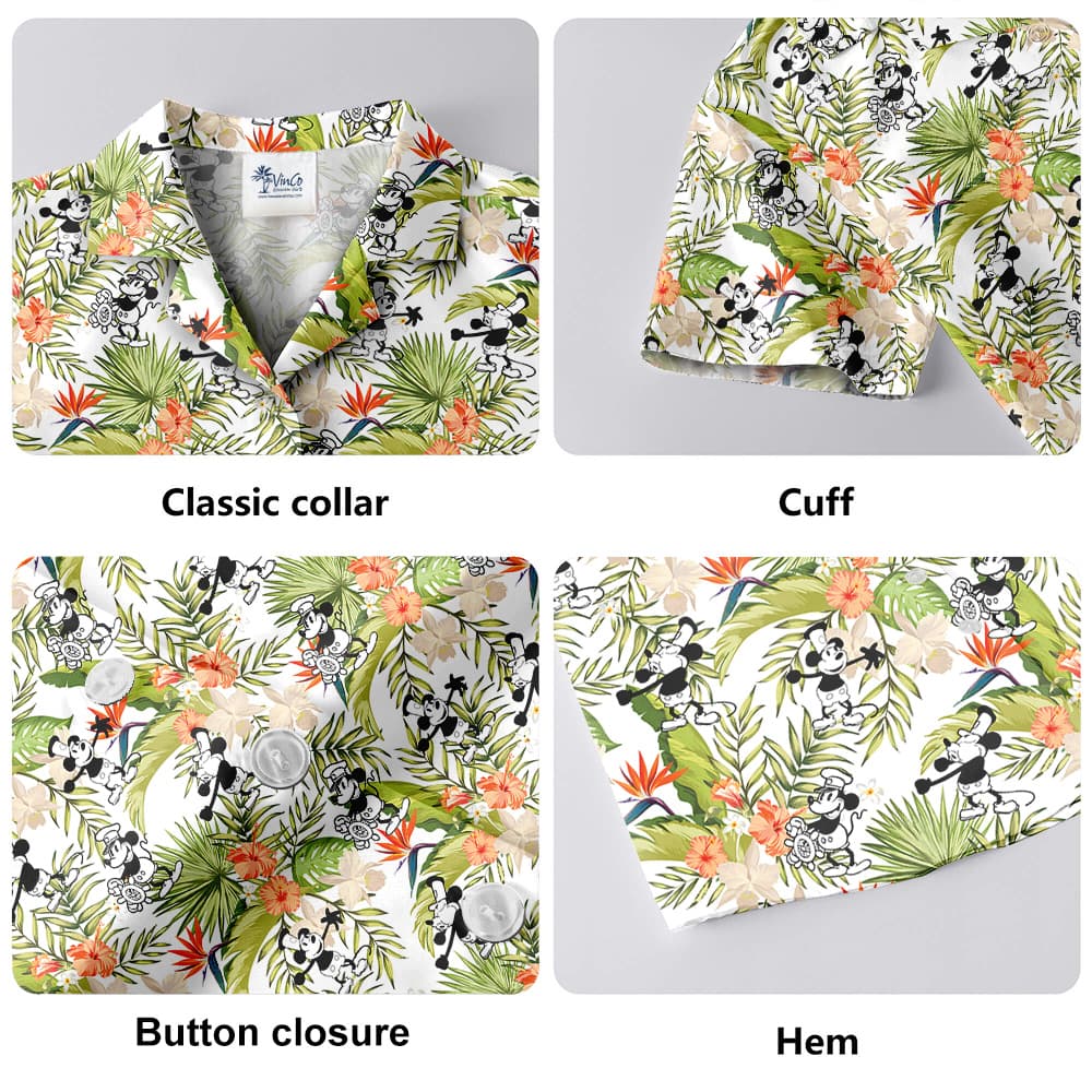 Tropical Hibiscus Steamboat Willie Mickey Hawaiian Button Up Shirt
