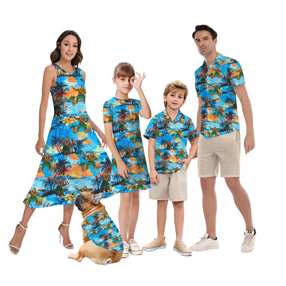 Tropical Islands Hula Bigfoot Blue Matching Family Hawaiian Outfits