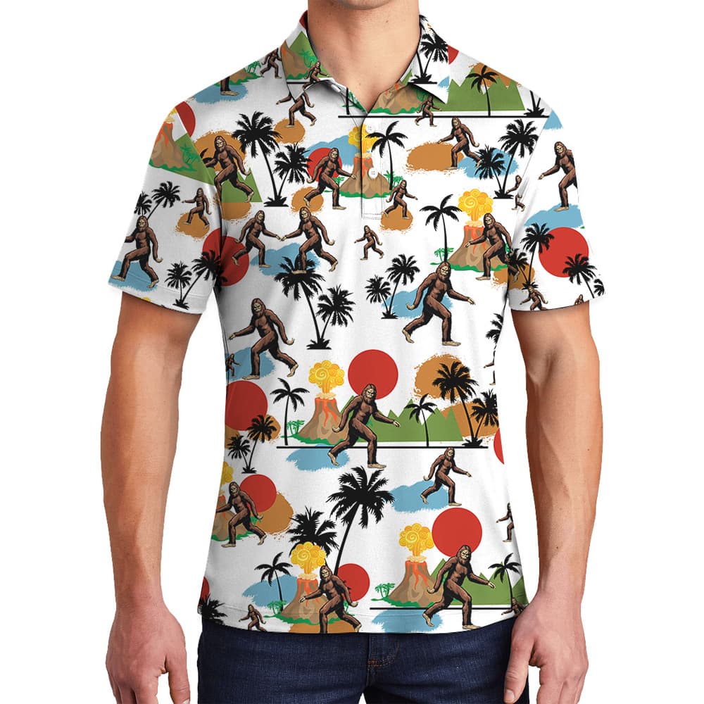 Tropical Islands Volcano Bigfoot Hawaiian Polo Shirt For Men