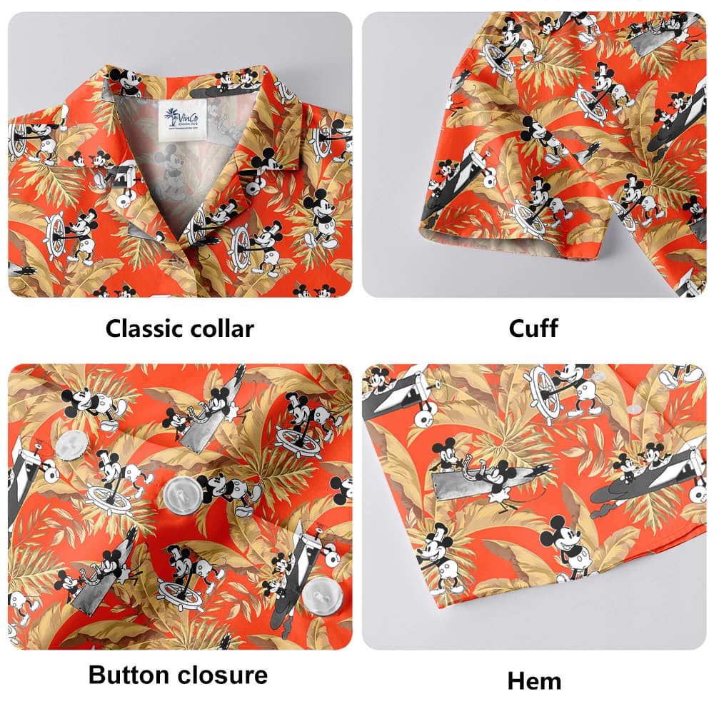 Tropical Leaves Mickey Steamboat Willie 1928 Orange Hawaiian Shirt