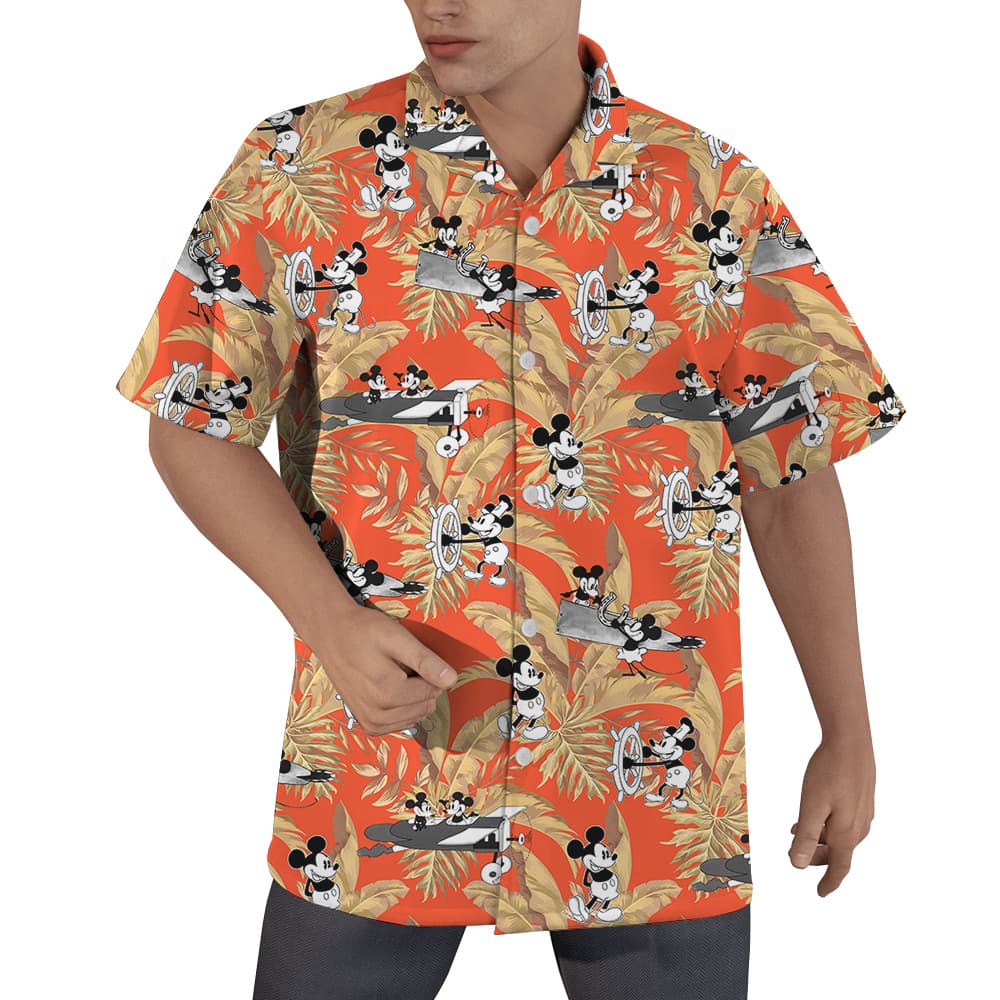 Tropical Leaves Mickey Steamboat Willie 1928 Orange Hawaiian Shirt (5)