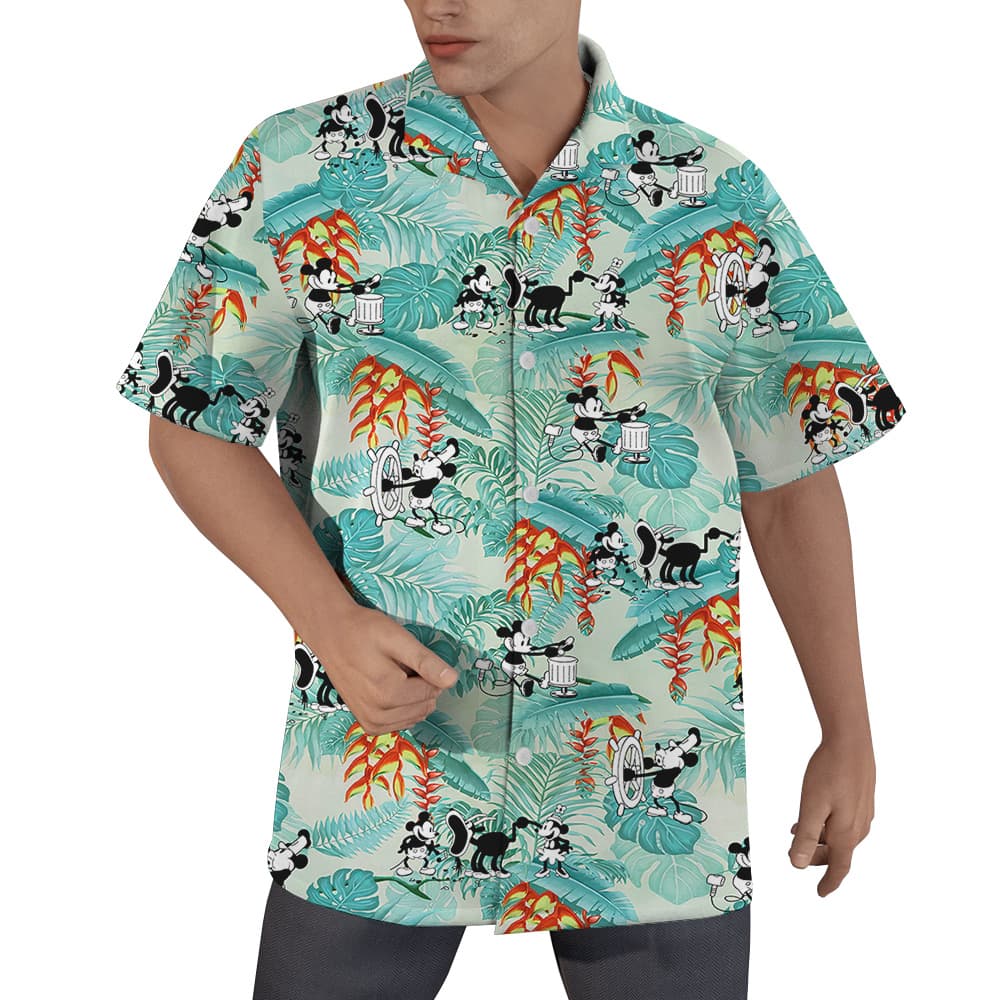 Tropical Leaves Vintage Mickey Mouse Steamboat Willie 1928 Hawaiian Shirt (1)