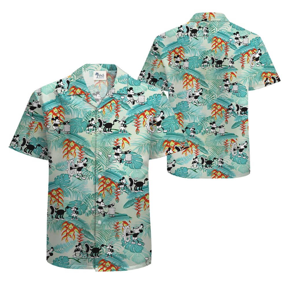 Tropical Leaves Vintage Mickey Mouse Steamboat Willie 1928 Hawaiian Shirt