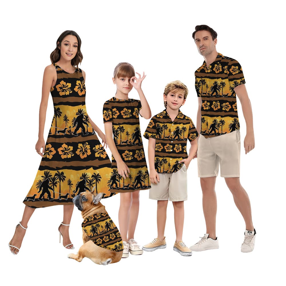 Vintage Bigfoot Walking Dachshund Hibiscus Matching Family Hawaiian Outfits