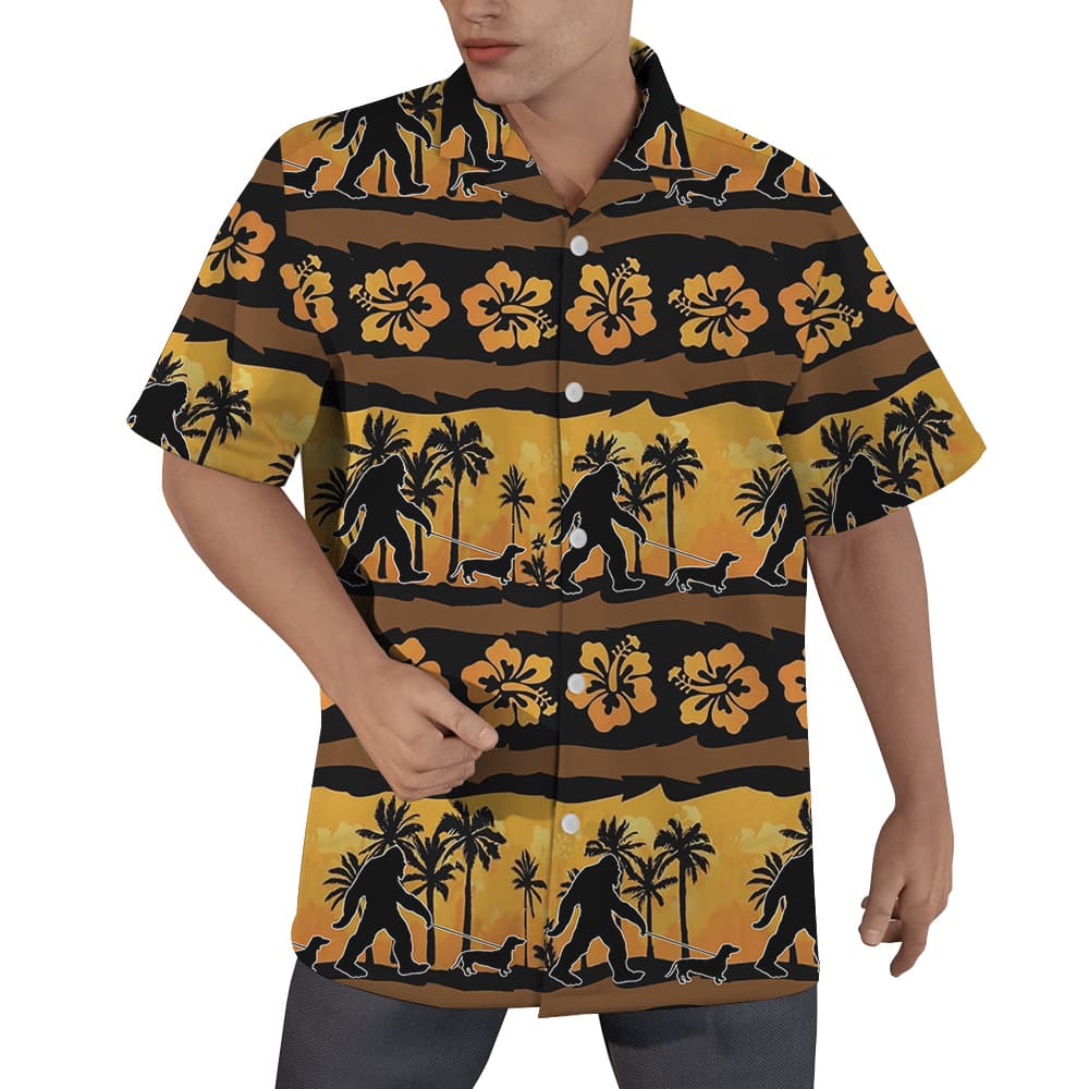 Vintage Bigfoot Walking Dachshund Hibiscus Orange Hawaiian Shirt (1)