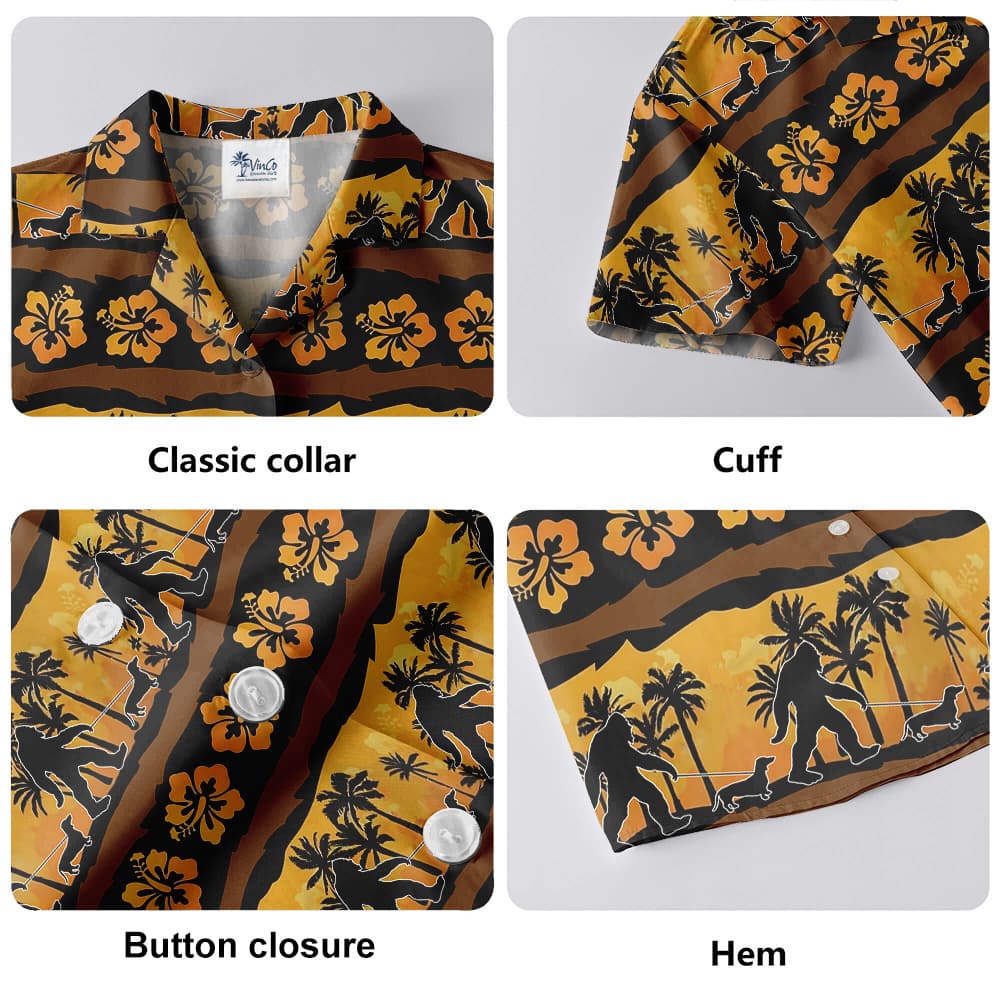 Vintage Bigfoot Walking Dachshund Hibiscus Orange Hawaiian Shirt