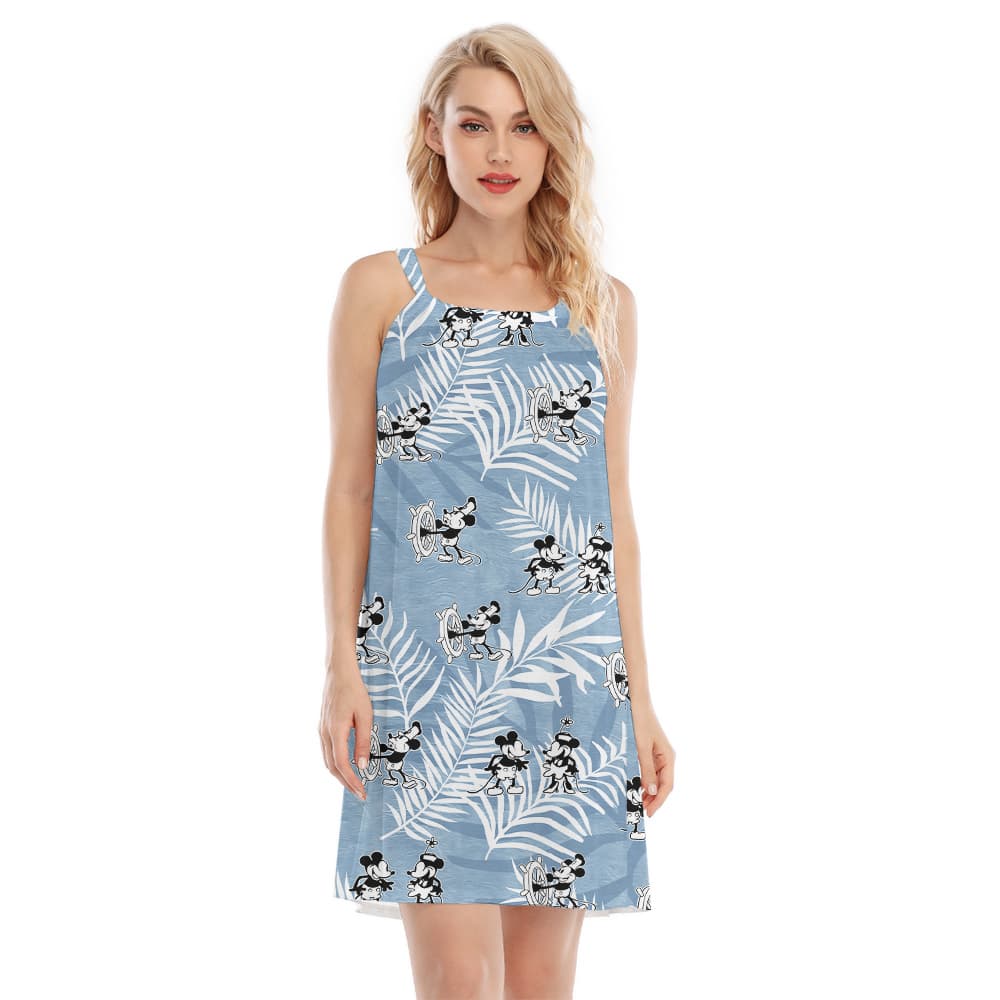 Vintage Blue Steamboat Willie Mickey Hawaiian Cami Dress