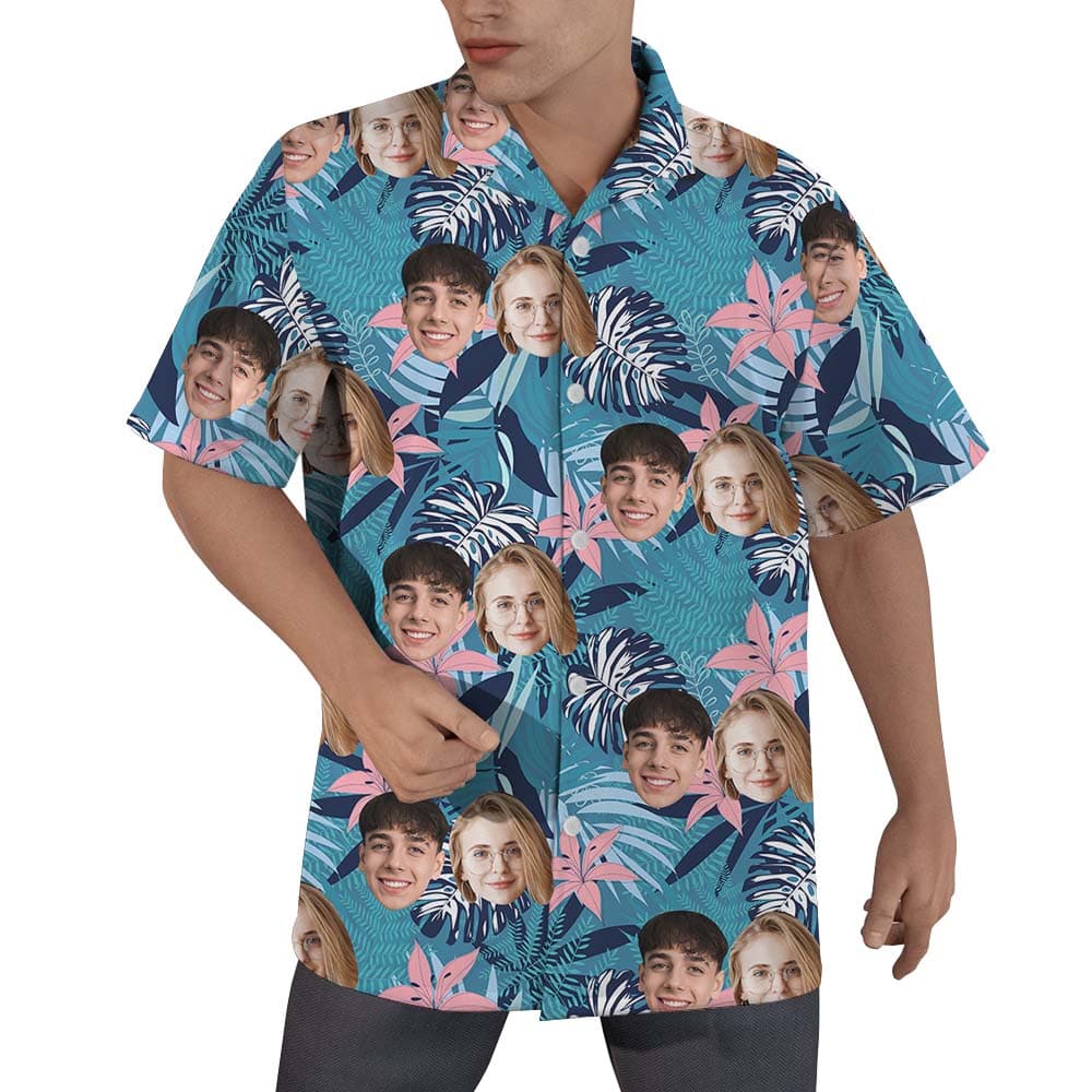 Vintage Blue Tropical Button Up Shirt With Face1