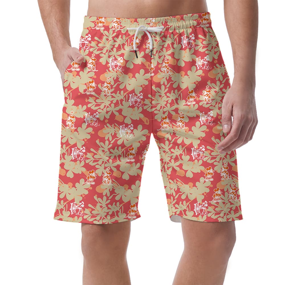 Vintage Floral Steamboat Willie Mickey Orange Hawaiian Beach Shorts For Men