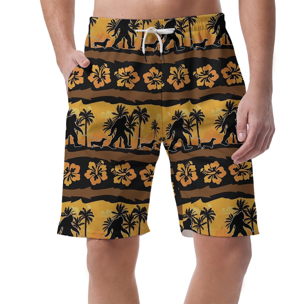 Vintage Hibiscus Bigfoot Walking Dog Hawaiian Beach Shorts For Men