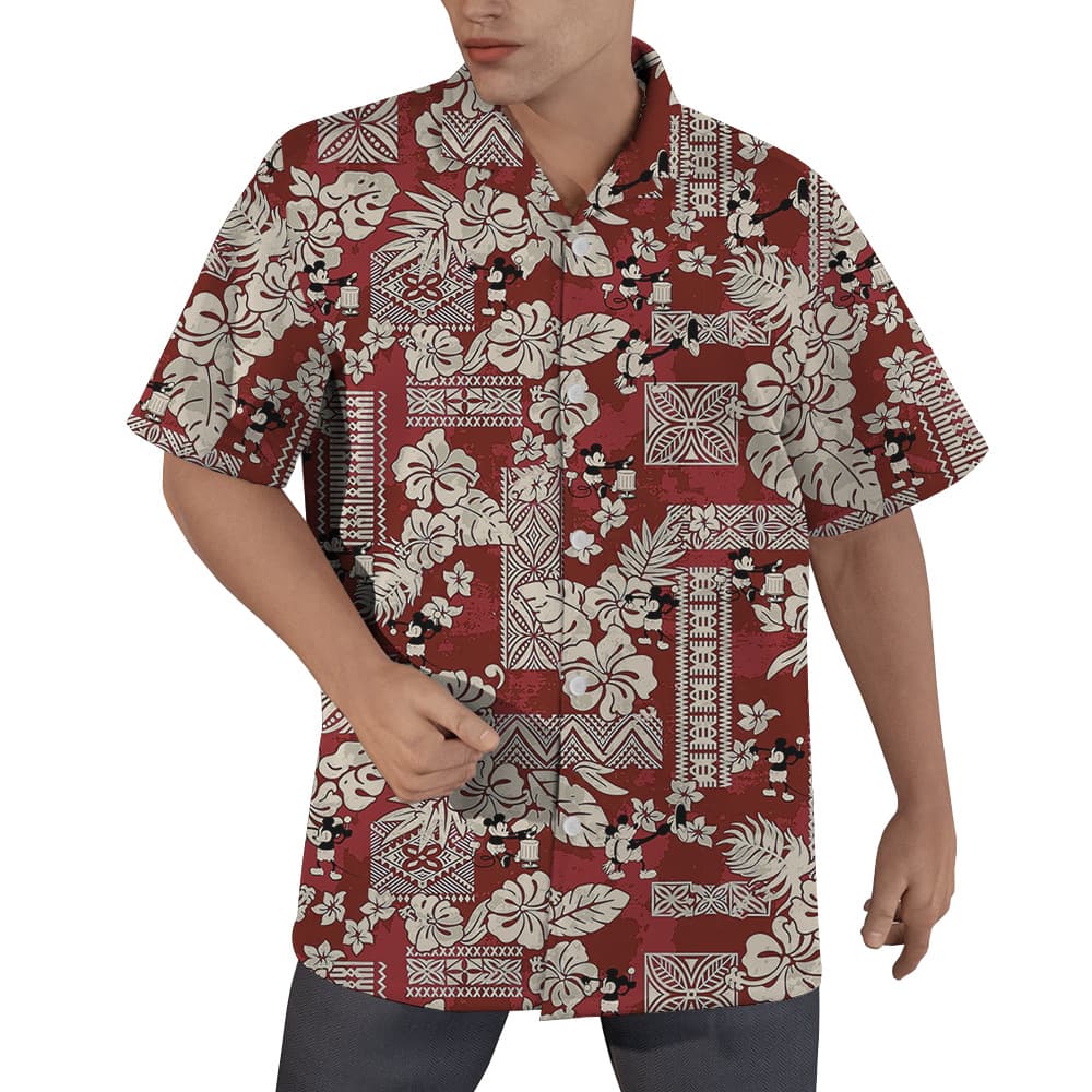 Vintage Hibiscus Mickey Steamboat Willie 1928 Red Hawaiian Shirt (1)
