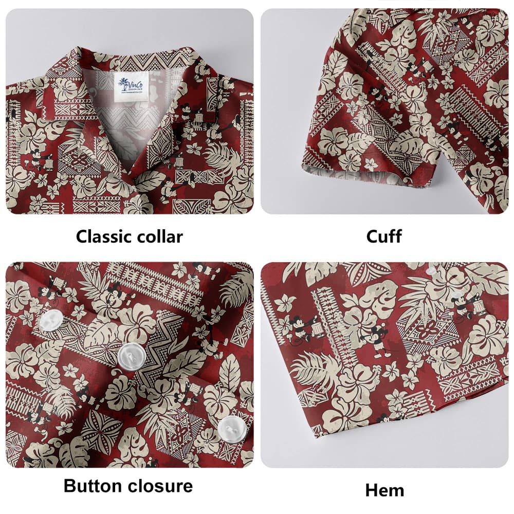 Vintage Hibiscus Mickey Steamboat Willie 1928 Red Hawaiian Shirt