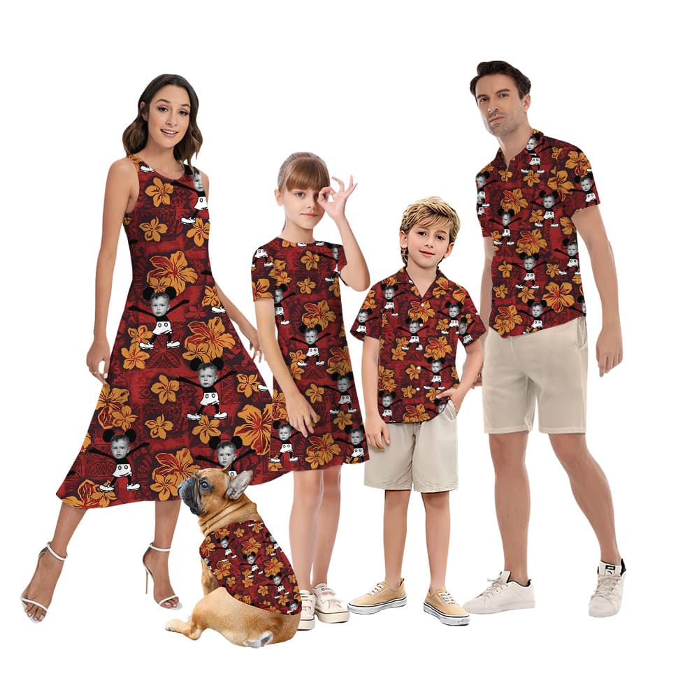Vintage Hibiscus Mickey Steamboat Willie Custom Face Family Matching Hawaiian Outfits