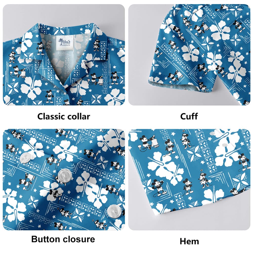 Vintage Hibiscus Steamboat Willie Mickey Blue Hawaiian Shirt