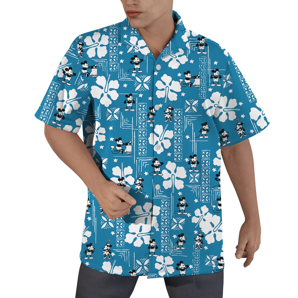 Vintage Hibiscus Steamboat Willie Mickey Blue Hawaiian Shirt (2)