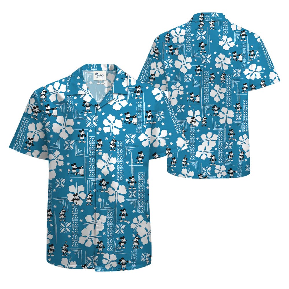 Vintage Hibiscus Steamboat Willie Mickey Blue Hawaiian Shirt