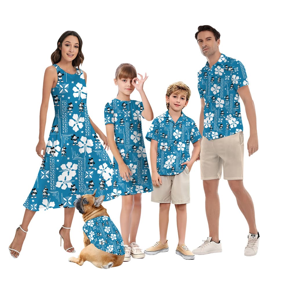 Vintage Hibiscus Steamboat Willie Mickey Blue Matching Family Hawaiian Outfits