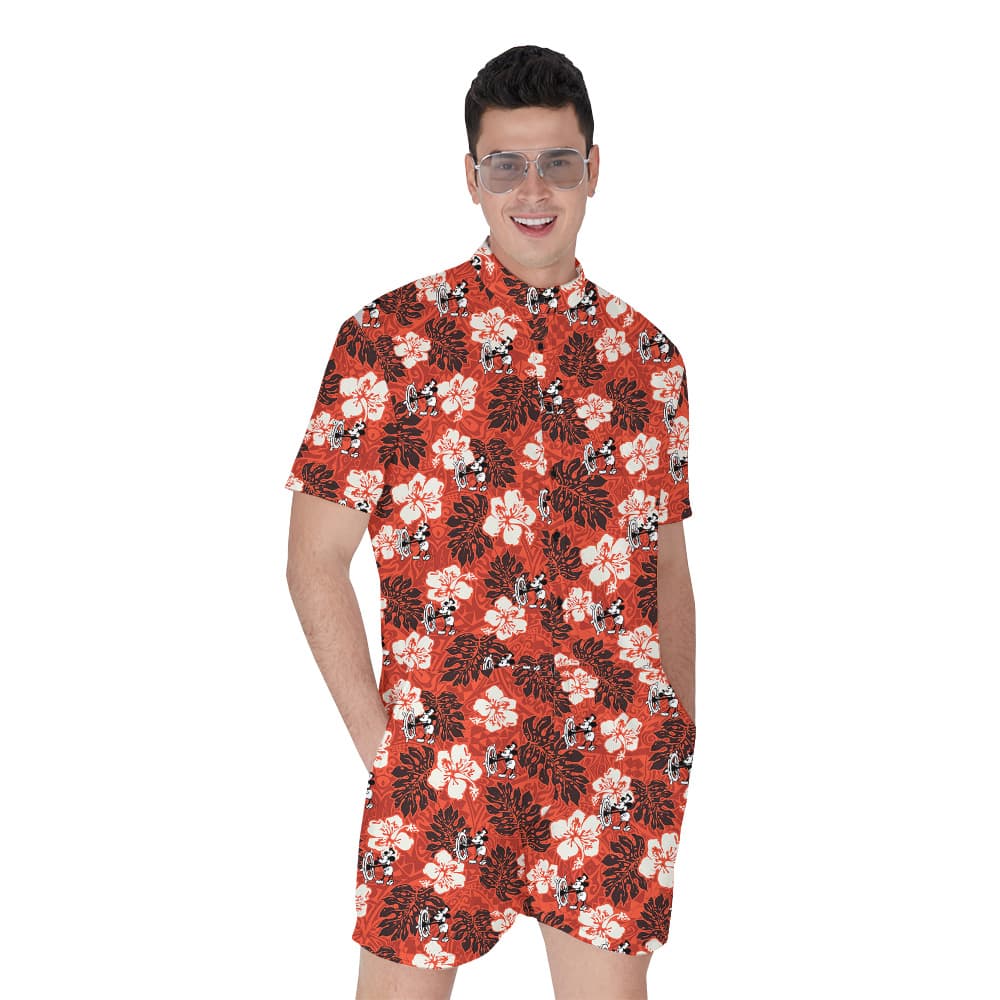 Vintage Hibiscus Steamboat Willie Mickey Mouse Orange Hawaiian Romper For Men